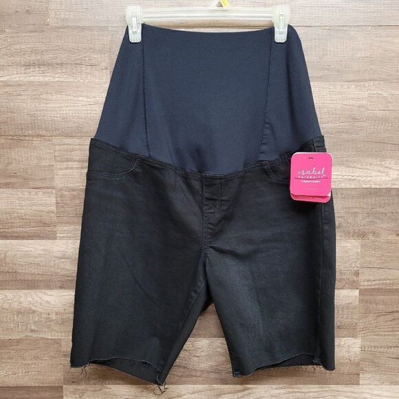 NEW Size 14 Isabel Maternity Bermuda Black Jean Shorts Crossover‎ Panel Black - Picture 3 of 16